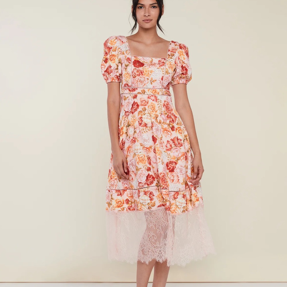 Rachel Parcell Puff Sleeve Lace Trim Midi Dress, Peach Blush Floral Multi